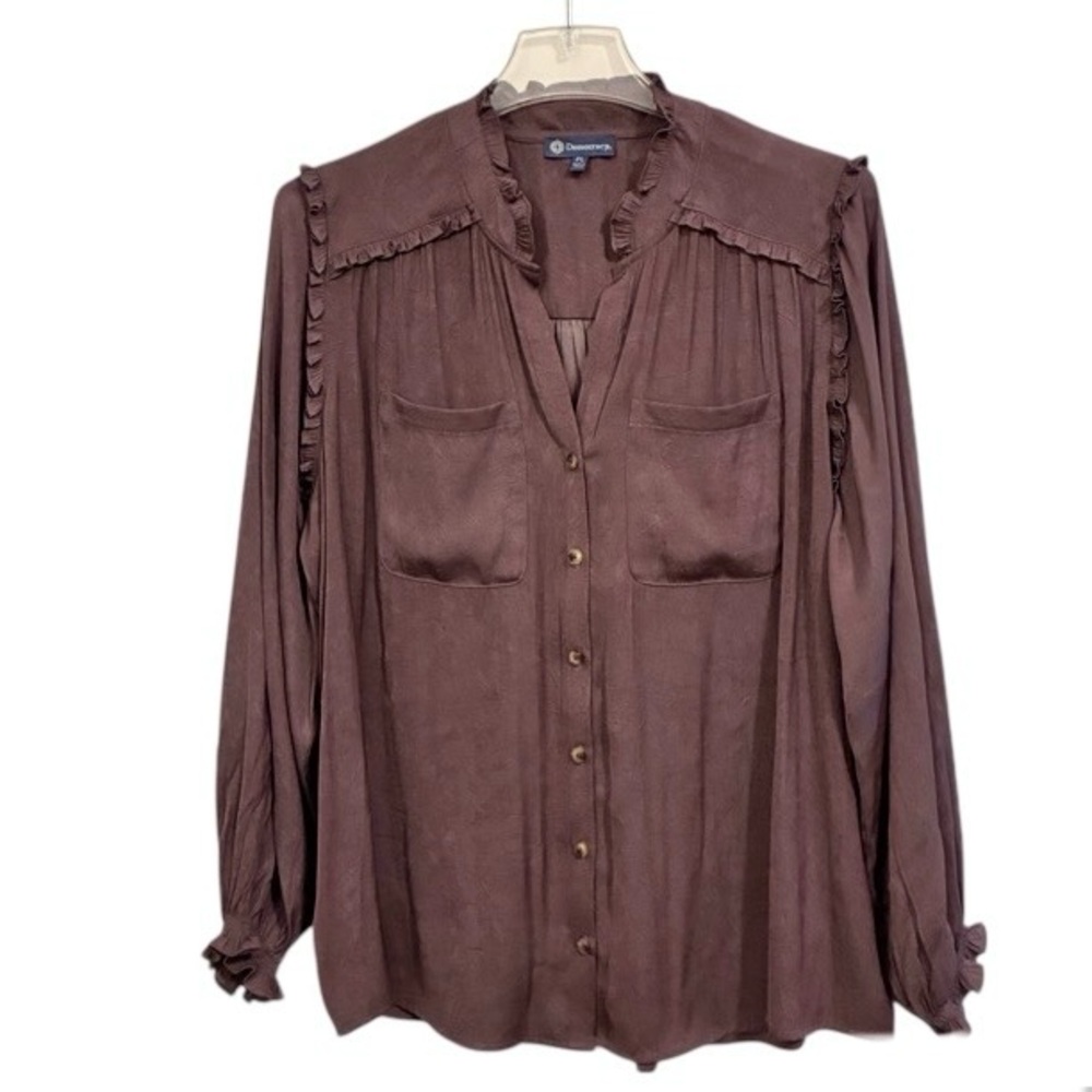 Democracy Long-Sleeve Ruffle Yoke Button-Up Top Size Large Petite